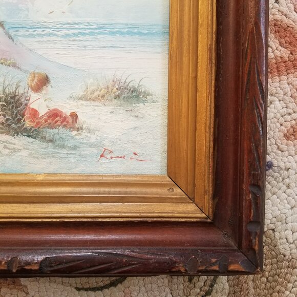 Vintage Painting Child On Beach in Antique Wood Frame w/Glass - Picture 6 of 9